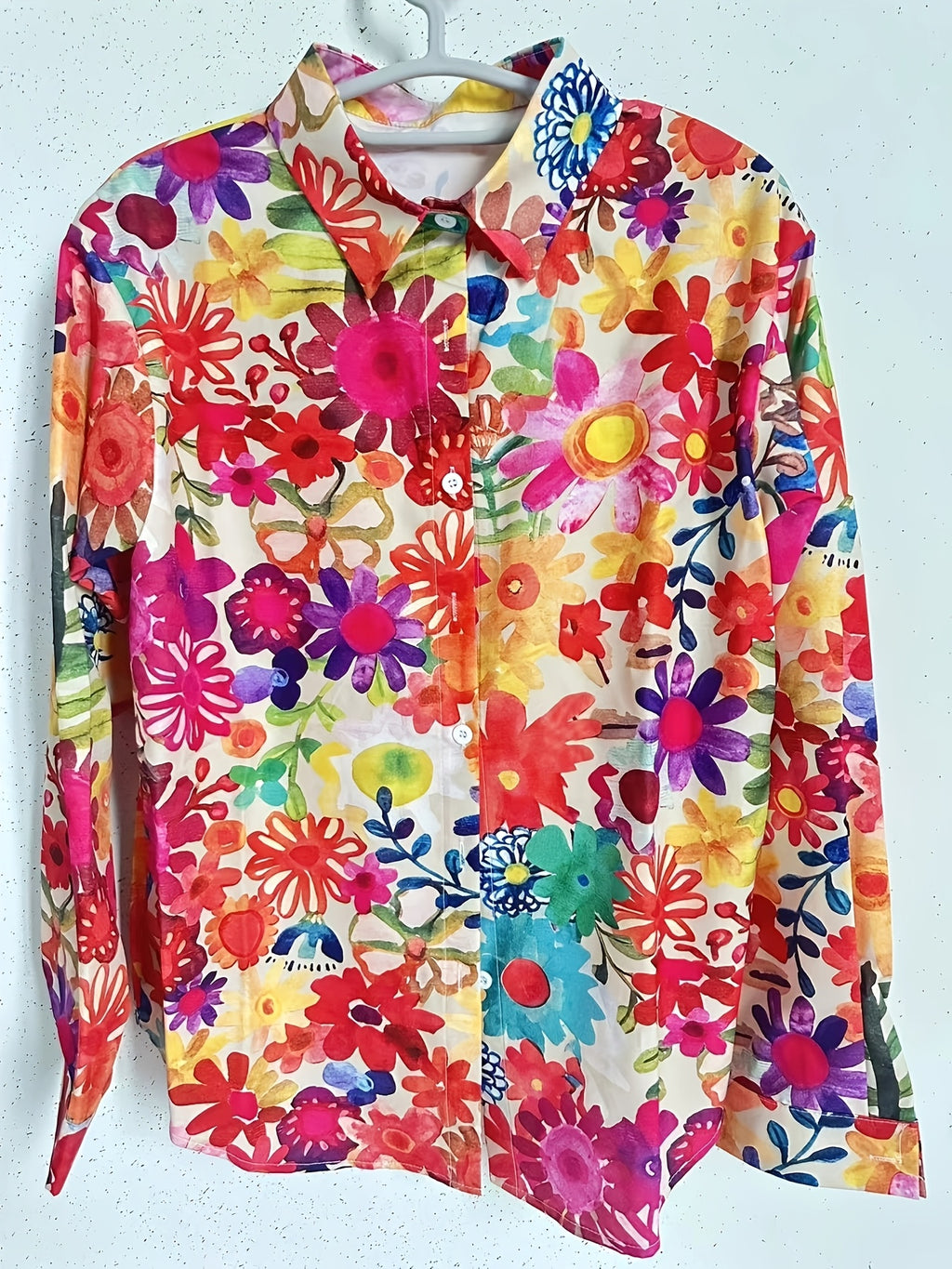 Women's Floral Print Button Down Shirt Long Sleeve - Colorful Flower Pattern V-Neck Casual Blouse with Pockets, Loose Fit Spring Summer Top, Boho Vacation Shirt S-XXL