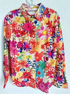 Women's Floral Print Button Down Shirt Long Sleeve - Colorful Flower Pattern V-Neck Casual Blouse with Pockets, Loose Fit Spring Summer Top, Boho Vacation Shirt S-XXL