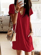 Women's Casual Loose-Fit Solid Color Short Sleeve Tunic Dress V-Neck Knit Stretch Comfortable Everyday Summer Spring Fall S M L XL XXL