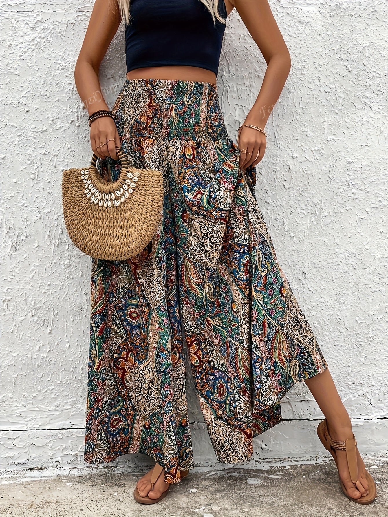 Women's Bohemian Wide Leg Pants High Waist Elastic Waist Paisley Floral Print Casual Flowy Trousers Spring Summer Fall S M L XL Multicolor