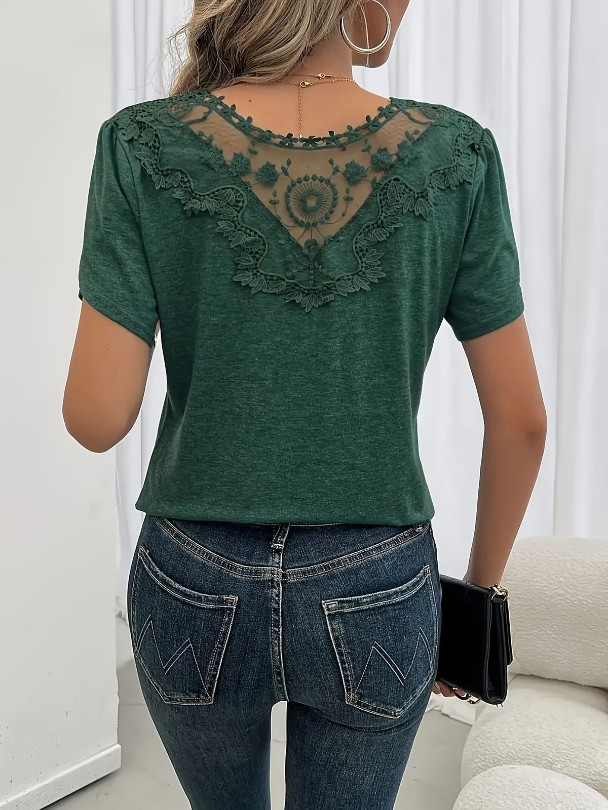 Women's V-Neck Petal Sleeve T-Shirt | Lace Contrast Short Sleeve Summer Top in Khaki Black Green Navy Camel Light Grey S M L XL