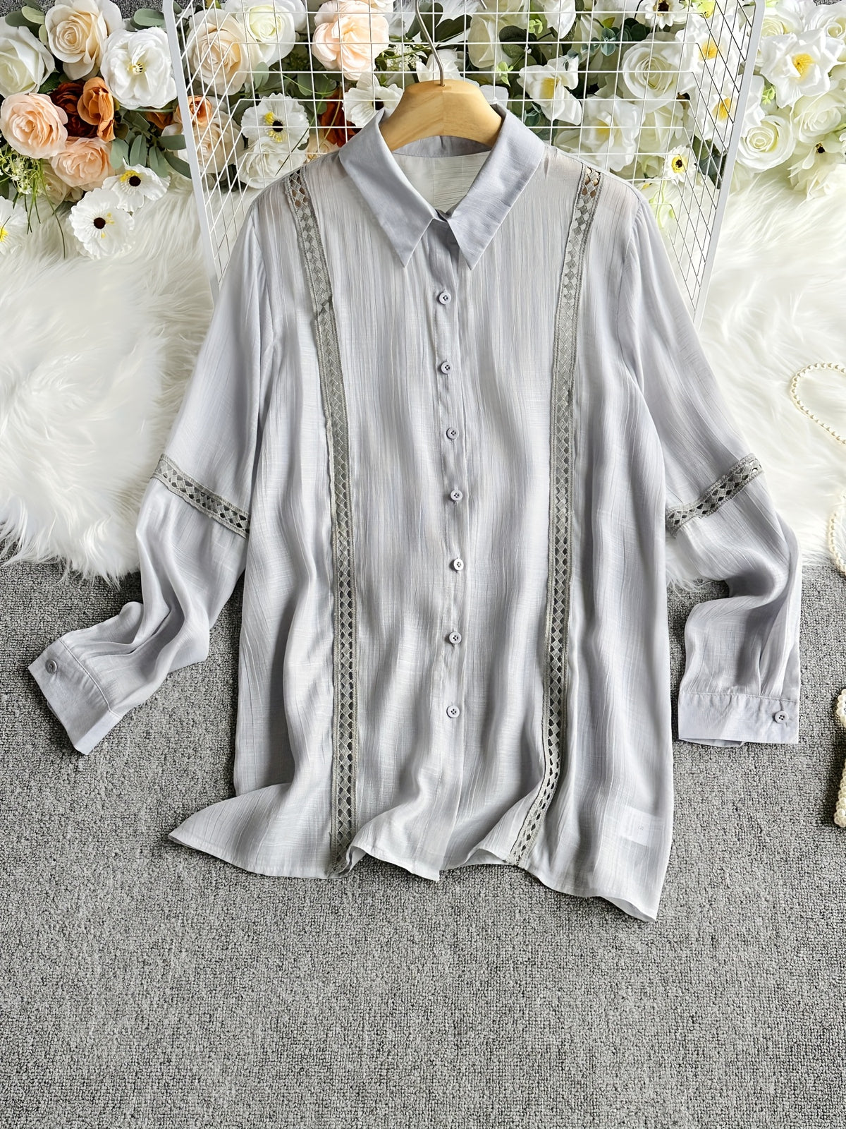Women's Lace Patchwork Button-Up Long Sleeve Shirt Elegant Semi-Sheer Blouse White XS S M L XL XXL Vacation Date Office Fashion Top