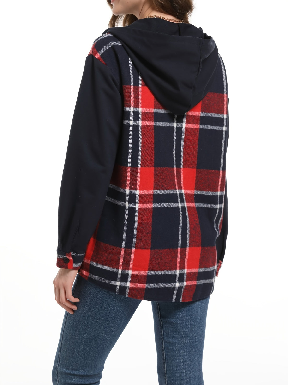 Plaid Hooded Jacket Women Drop Shoulder Woven Patch Pocket Casual Outerwear 100% Polyester Suede PU Black White S M XXL