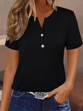 Women's Elegant V-Neck Short Sleeve T-Shirt – High-Stretch Solid Color Casual Blouse Top for Spring, Summer & Fall, Machine Washable