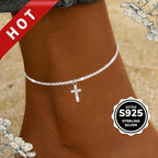 S925 Sterling Silver Cross Anklet for Women – Dazzling Synthetic Diamond End, Bohemian Beach & Vacation Jewelry, Casual Outfit Accessory, Perfect Gift for Valentine's Day & Mother's Day