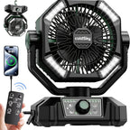 20000mAh Camping Fan with Dual Motor – Battery Operated Portable Fan with 4 LED Lantern Modes, 8 Speeds & Remote Control, Hanging Hook for Tent, Power Outages & Jobsite Use