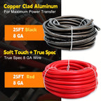 8 Gauge Wire 50ft CCA Power Ground Cable Kit (25ft Red + 25ft Black) for Car Audio, Amplifier, Speaker, Marine, Welding & Automotive Electrical Wiring
