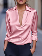 V-Neck Satin Blouse Women Elegant Solid Color Long Sleeve Loose Fit Casual Office Shirt Top S M L XL XXL Multi Color