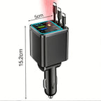 7-in-1 Car Charger with LED Color Light & 3 Retractable Cables – Fast Charging USB Hub, 180° Adjustable, Digital Display, Universal Fit for iPhone Android