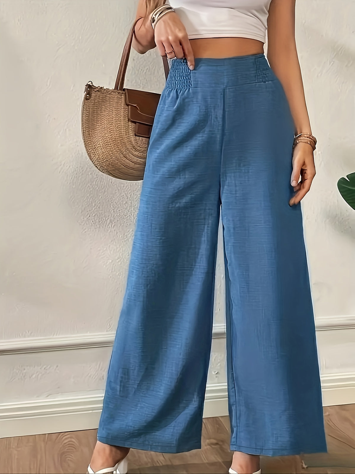 Women's High Waist Wide Leg Pants Elastic Waist Straight Leg Trousers | Elegant Casual Office Formal Wear Light Blue Black Navy Pink S M L XL XXL
