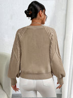 Women's Chunky Lantern Sleeve Sweater Crew Neck Textured Knit Pullover Cozy Fall Winter Sweater Khaki Apricot Black S-XXL