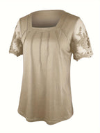 Women's Square Neck Short Sleeve Top – Solid Color Mesh Embroidery Lace Tunic, Elegant Casual Summer Blouse, Sizes S-XXL, Khaki