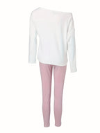 Women's Casual Letter Print Long Sleeve T-Shirt Wide Leg Pants 2 Piece Set Matching Lounge Outfit White Pink Black S-XXL