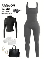 Women's Sleeveless Square Collar Jumpsuit – 90% Nylon Stretch Fabric, Thick & Opaque Active Wear for Yoga, Pilates, Running, Fitness & Everyday Events, Sizes S-XL, Multiple Colors