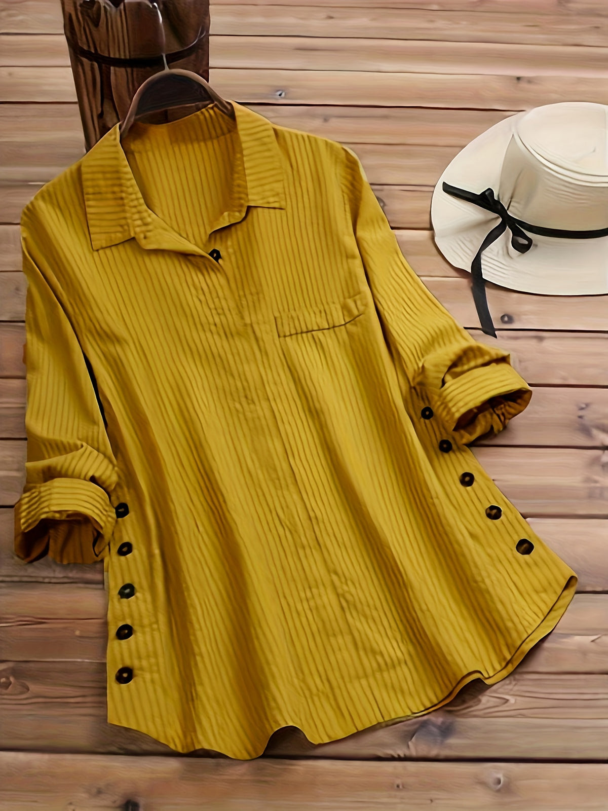 Women's Long Sleeve Striped Button-Up Shirt Lapel Collar Faux Pocket Casual Loose Blouse Top Yellow Olive Green Spring Fall S M L XL XXL