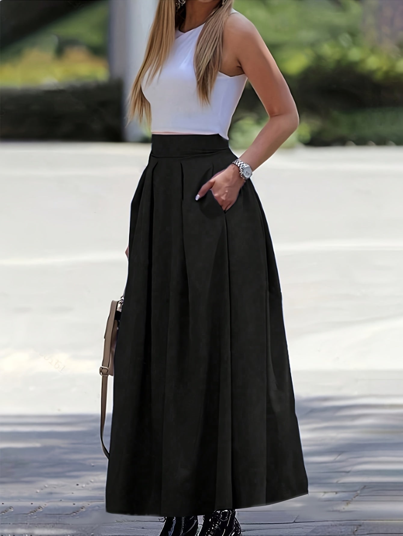 Women's High Waist A-Line Maxi Skirt Solid Color Flowy Elegant Long Skirt 97% Polyester Stretch Casual All-Season Skirt XS-XXL