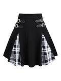 Gothic Plaid Buckle High Waisted A-Line Mini Skirt Women Y2K Gingham Color Block Knit Skirt Black Gray Red Blue Purple S M L XL XXL