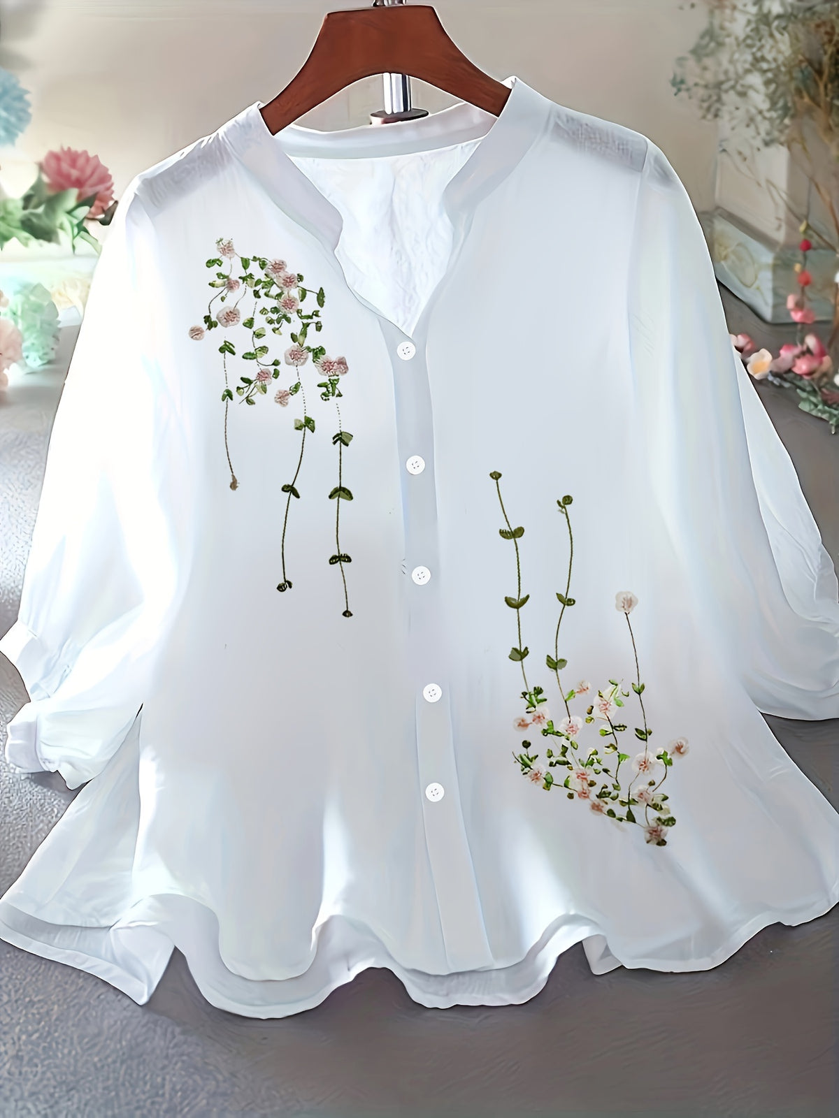 Women's Floral Embroidered Blouse Long Sleeve Button Down - White Elegant Stand Collar Casual Shirt, Delicate Flower Print Summer Top S-XXL