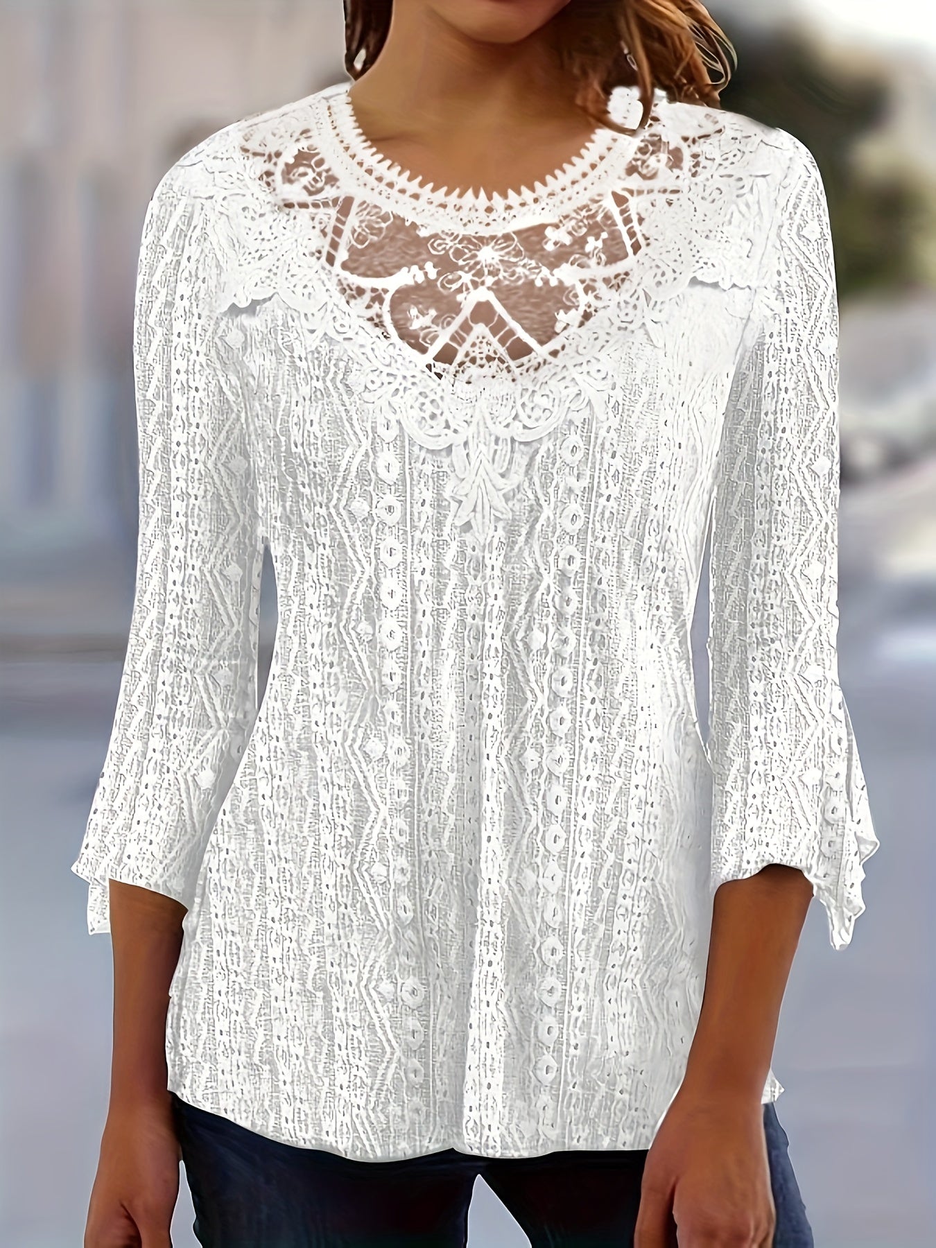 Women's Contrast Lace Trim Long Sleeve Blouse – Sexy Semi-Sheer Round Neck Elegant Pullover Top for Spring Summer Fall in Black, White & Orange-Red