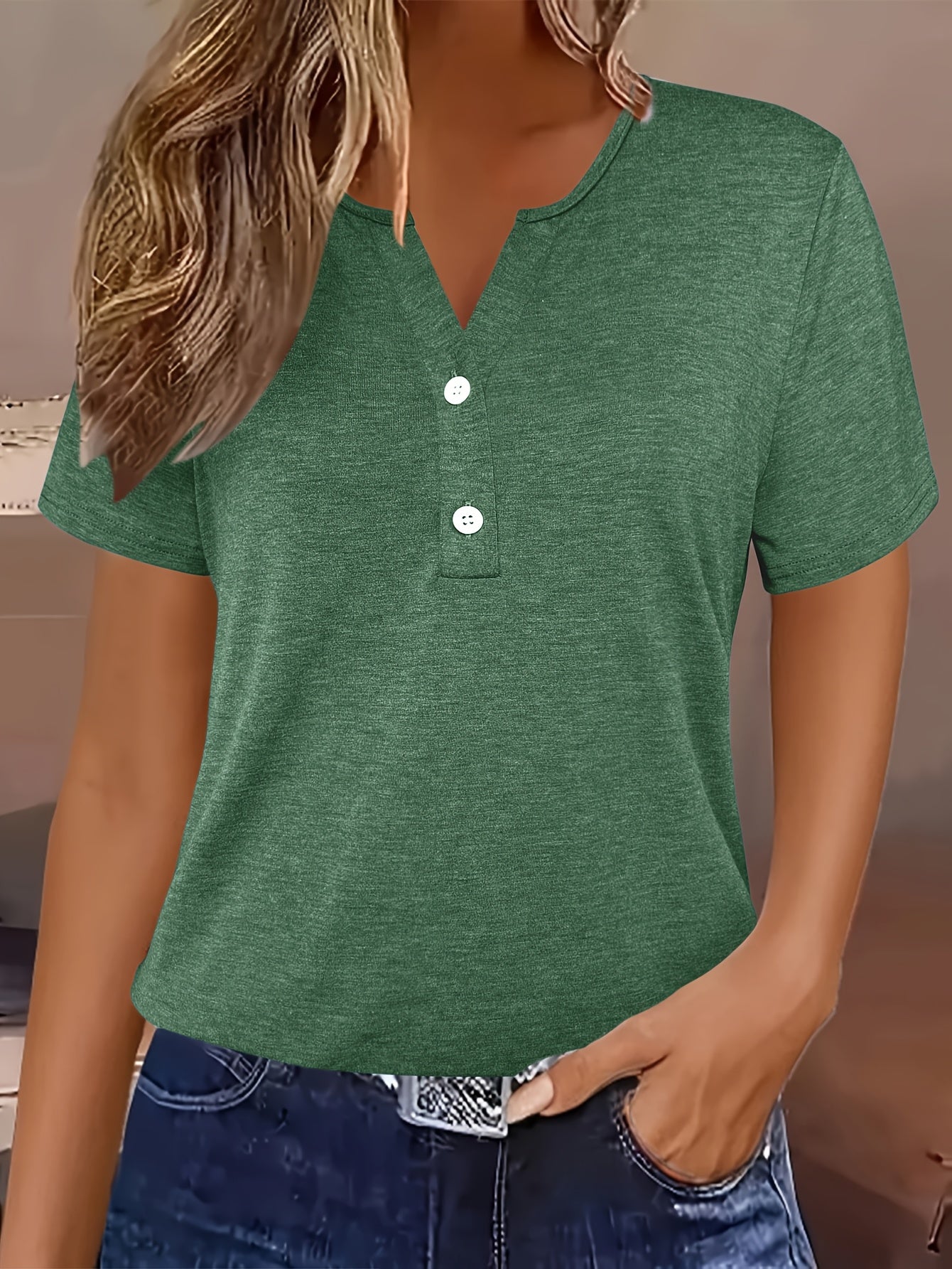 Women's Elegant V-Neck Short Sleeve T-Shirt – High-Stretch Solid Color Casual Blouse Top for Spring, Summer & Fall, Machine Washable