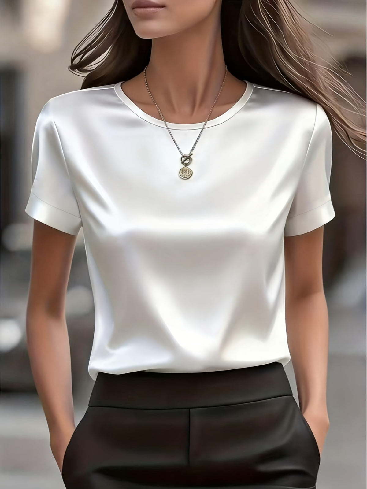 Women's Slim-Fit Elegant Office T-Shirt – Solid Color Formal Fitted Top for Work, Business Casual & Everyday Professional Style
