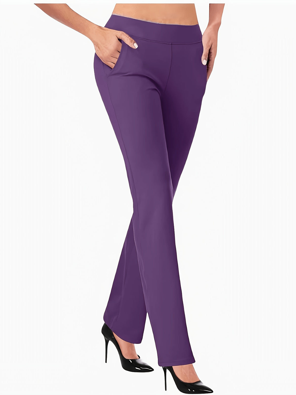 Women's High-Waist Stretch Flared Trousers | Elastic Waistband Wide Leg Pants with Pockets Casual Elegant Spring Summer Long Pants