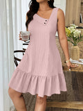 Women's Sleeveless Asymmetric Neck Dress – Solid Color 100% Polyester Woven Spring & Summer Fashion Dress for Casual & Elegant Occasions