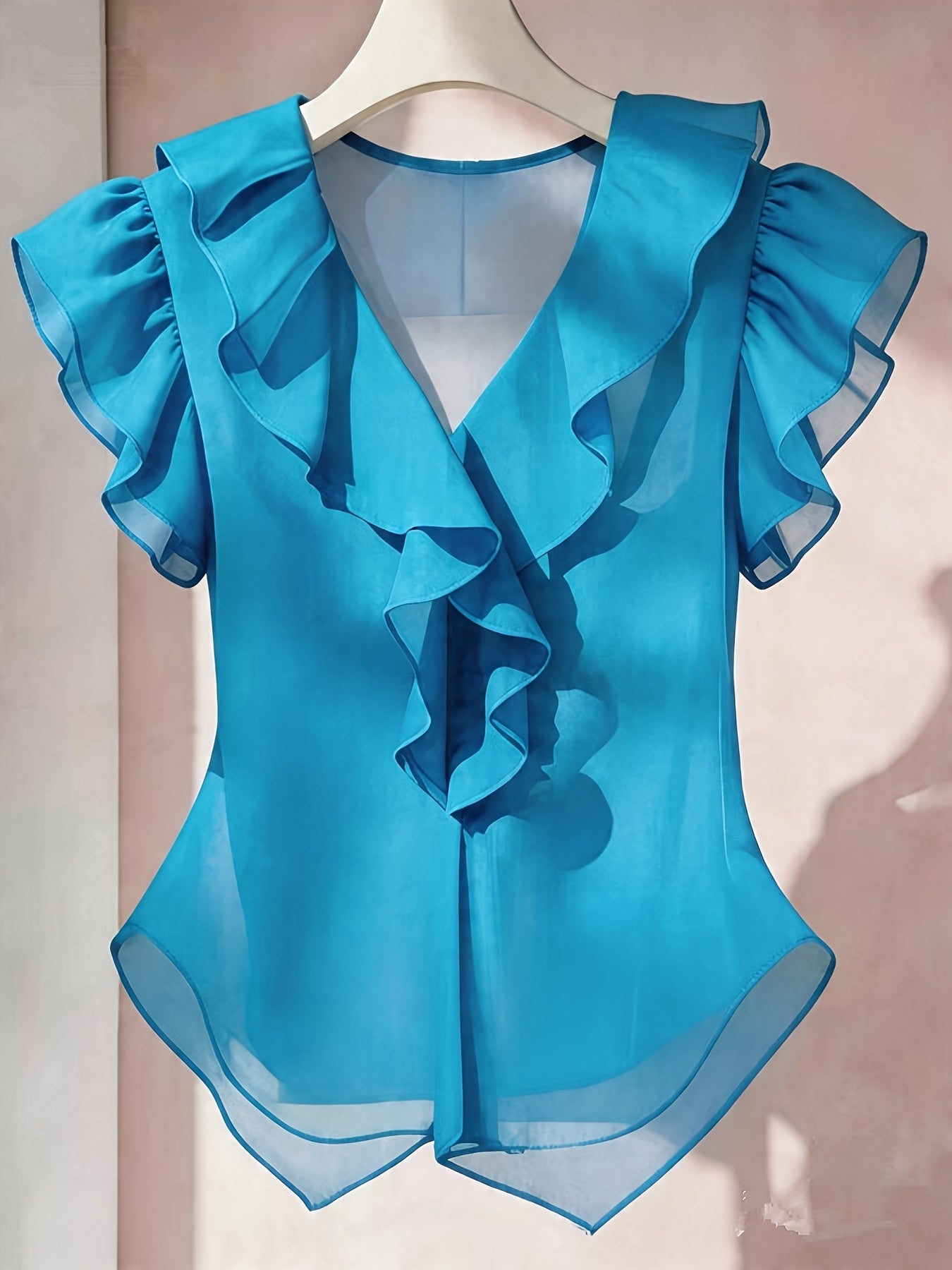 Women's French Ruffle Short Sleeve Chiffon Top – Solid Color Flyaway Casual Summer Blouse in 21 Colors, 100% Polyester Woven