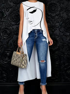 Women's Face Print Cape-Style Cardigan Long Top Off-Shoulder Asymmetrical Hem Loose Fit Semi-Sheer Trendy T-Shirt Dress Holiday S M L XL XXL