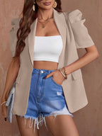 Women's Lantern Sleeve Blazer Solid Color Single Button Short Sleeve Loose Fit Faux Pocket Suit Jacket Spring Summer Khaki Black S M L XL XXL
