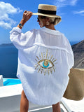 Women's French Style Loose Fit Long Sleeve Shirt – Elegant Eyelet Back Detail Woven Polyester Casual Top for Spring & Summer
