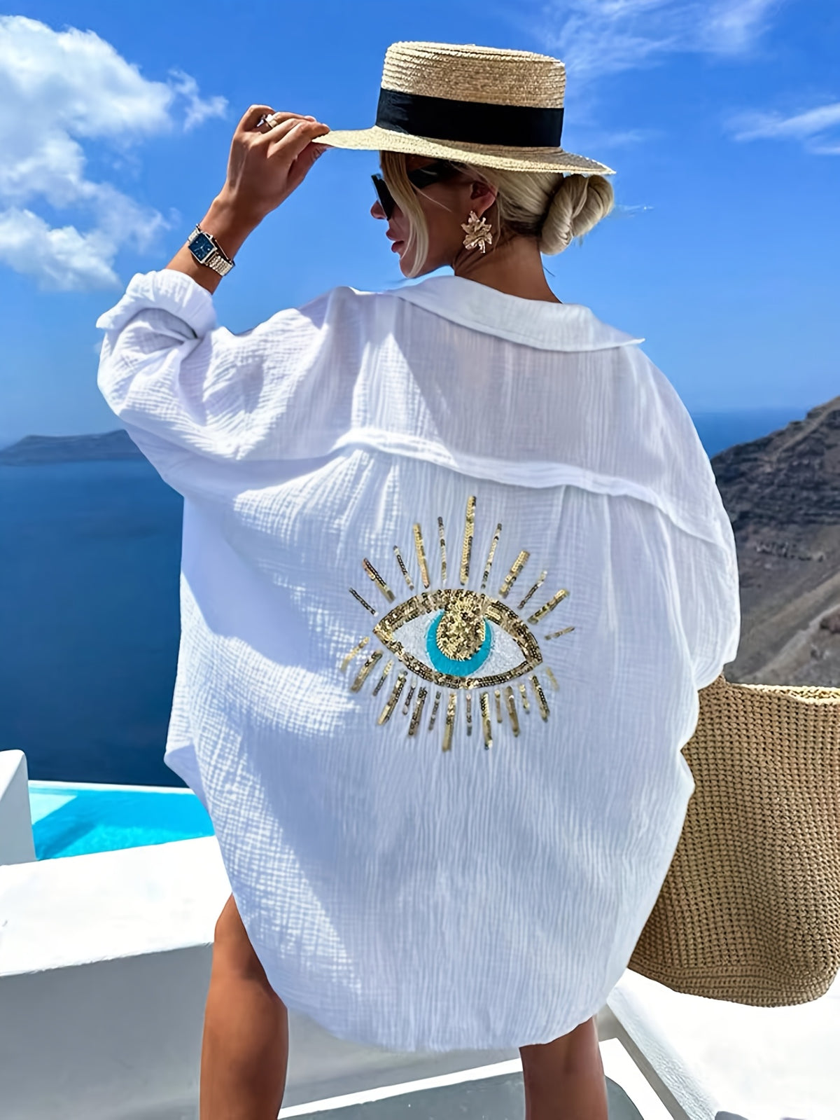 Women's French Style Loose Fit Long Sleeve Shirt – Elegant Eyelet Back Detail Woven Polyester Casual Top for Spring & Summer