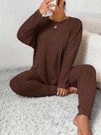 Women's Ribbed Two-Piece Set – Casual Soft 100% Polyester Crew Neck Long Sleeve Top & Pants Micro-Stretch Commuter Fashion Spring Fall Outfit