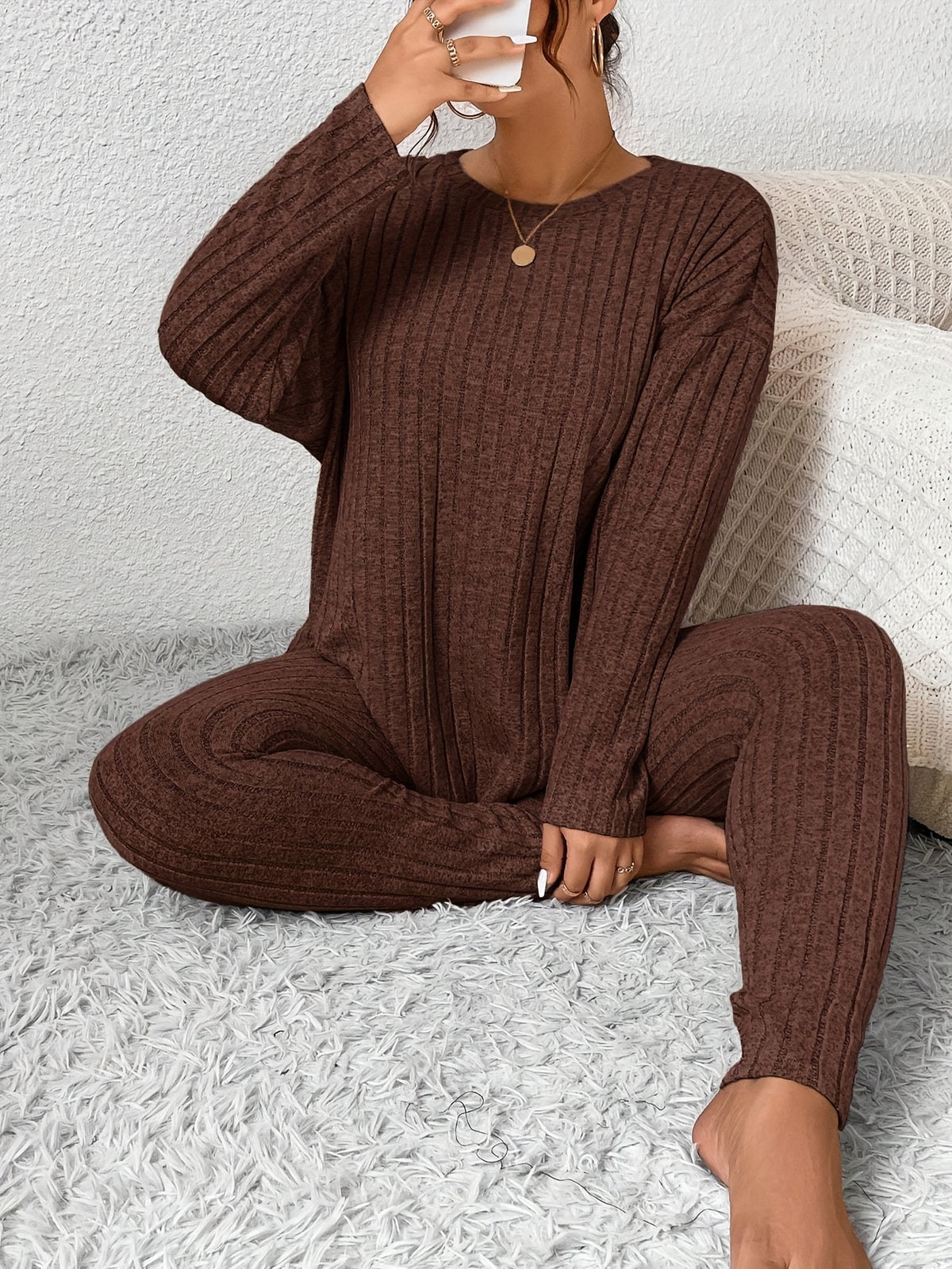 Women's Ribbed Two-Piece Set – Casual Soft 100% Polyester Crew Neck Long Sleeve Top & Pants Micro-Stretch Commuter Fashion Spring Fall Outfit