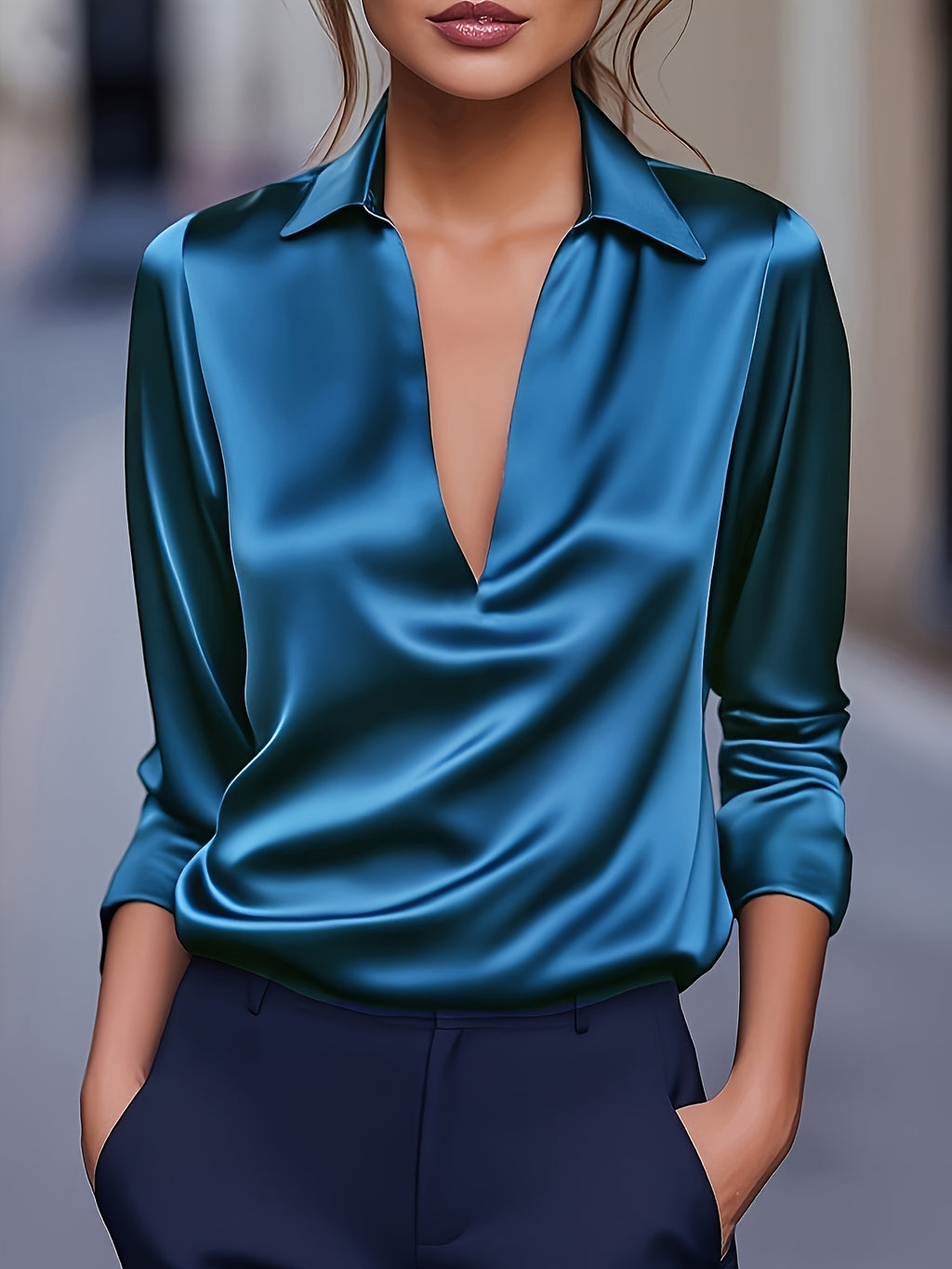 V-Neck Satin Blouse Women Elegant Solid Color Long Sleeve Loose Fit Casual Office Shirt Top S M L XL XXL Multi Color