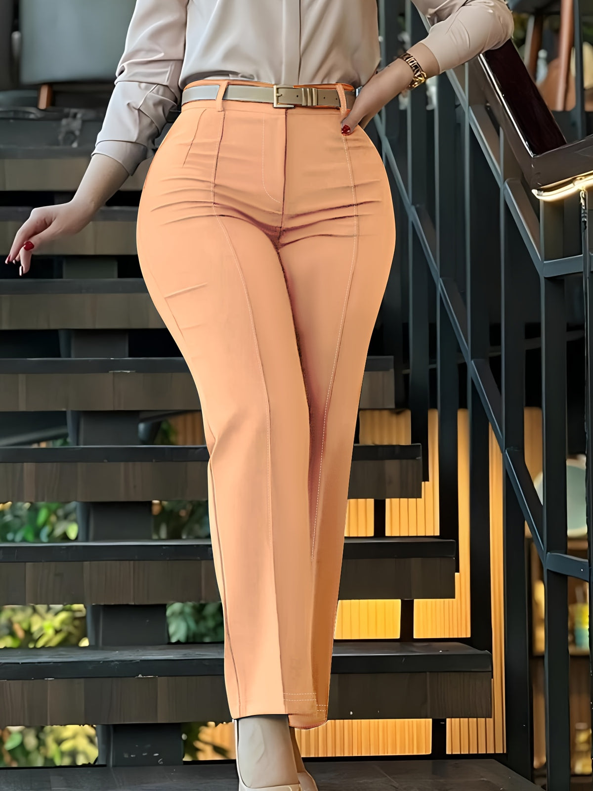 Women's Solid Color Tailored Suit Trousers – Chic Long Length 100% Polyester Structured Pants for Office, Business Casual & Formal Occasions