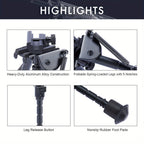 Adjustable Rifle Bipod 6-9 Inch 5 Height Settings Quick Release Adapter Foldable Retractable Lightweight Aluminum Alloy M-LOK Mount Rubber Feet for Hunting Shooting Outdoor Sports