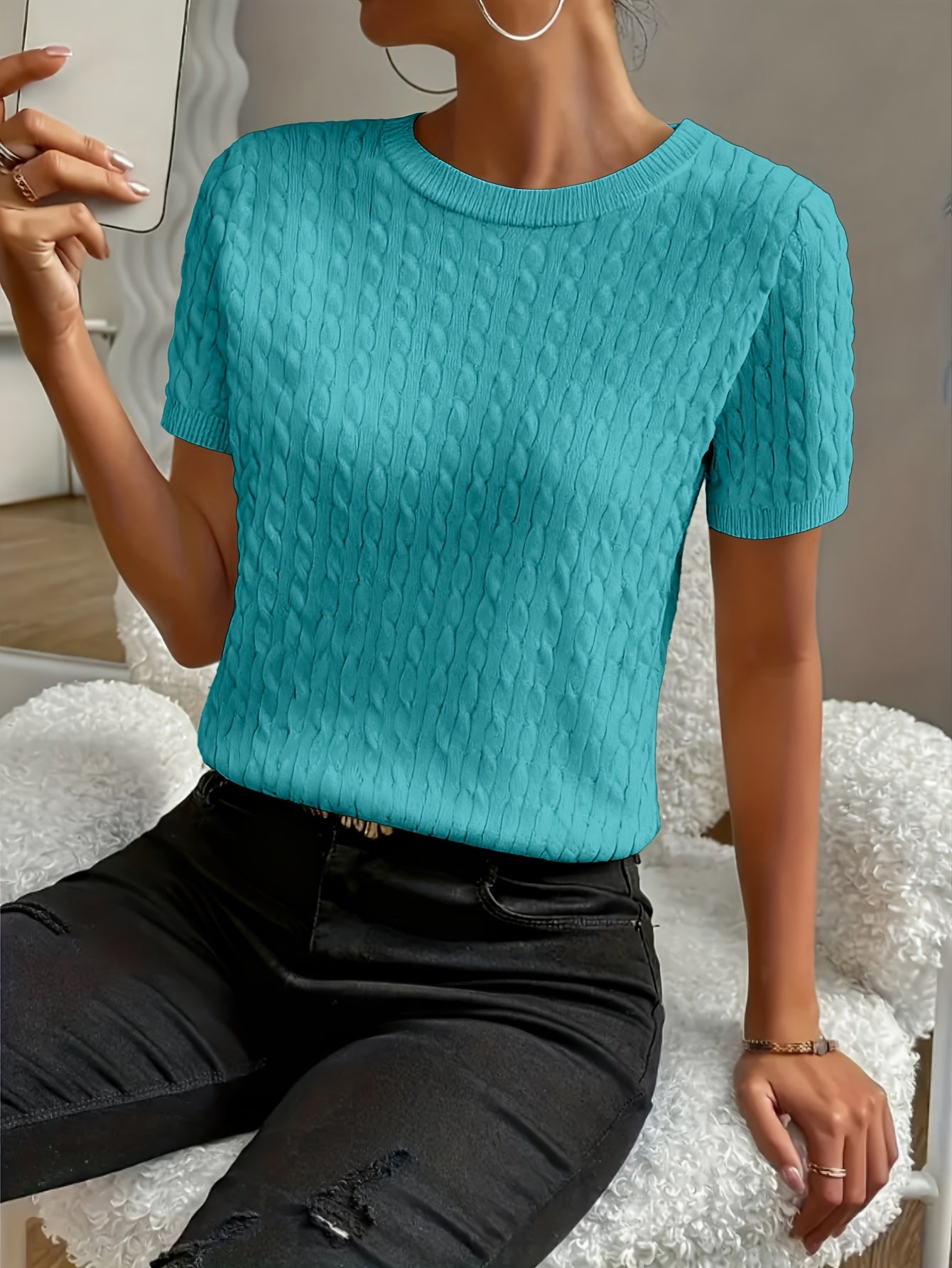 Women's Ribbed Knit Short Sleeve Pullover Top | Crew Neck Minimalist Casual Summer T-Shirt Versatile Stretch Comfort