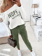 Women's Casual Letter Print Long Sleeve T-Shirt Wide Leg Pants 2 Piece Set Matching Lounge Outfit White Pink Black S-XXL