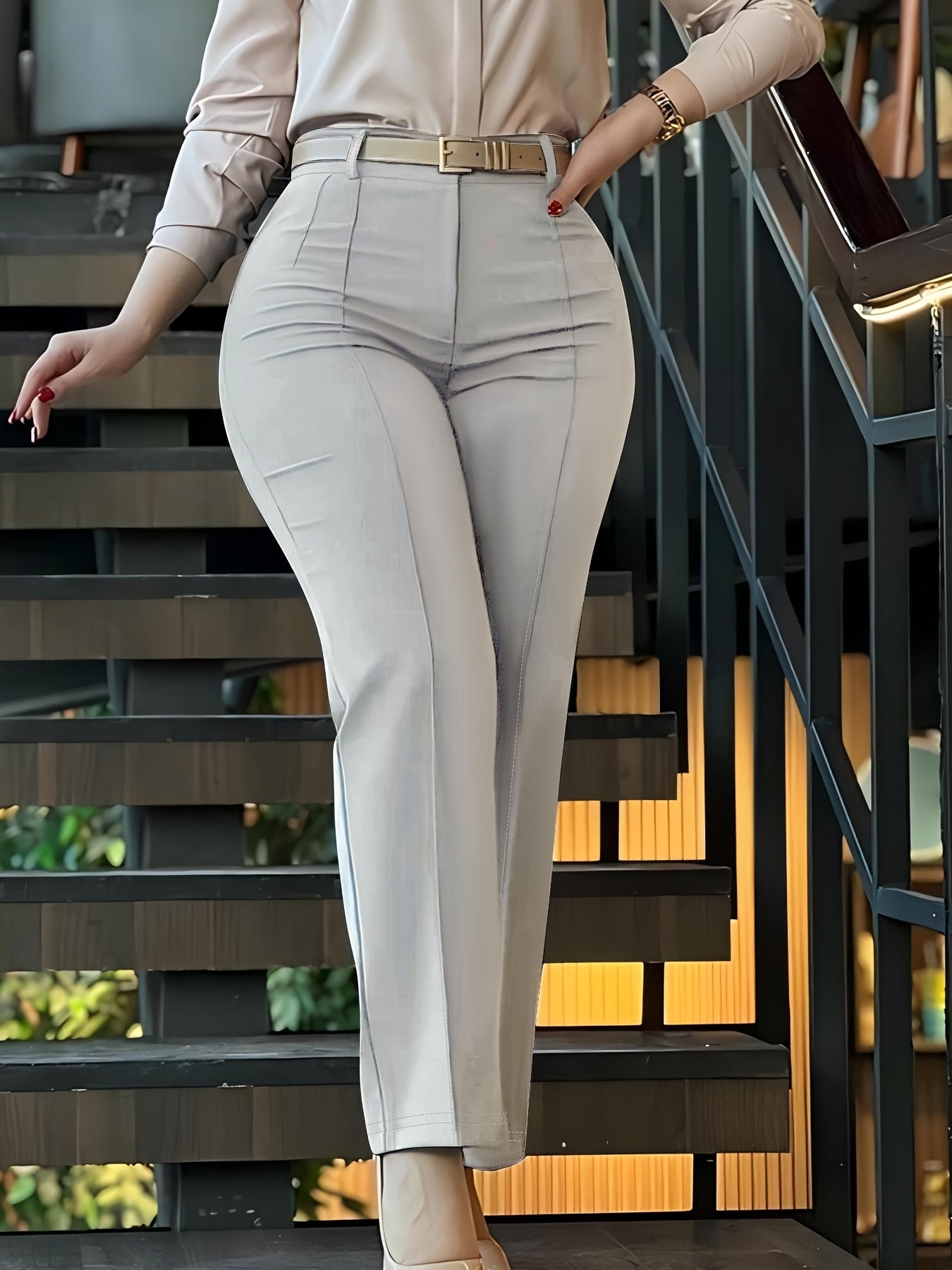 Women's Solid Color Tailored Suit Trousers – Chic Long Length 100% Polyester Structured Pants for Office, Business Casual & Formal Occasions