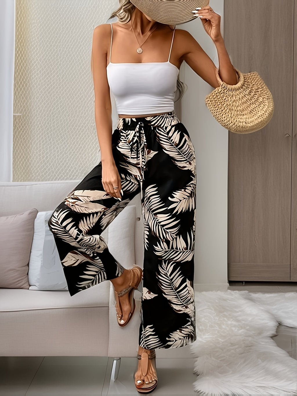 Women's Wide Leg Pants Tie Up Floral Print Casual Loose Fit Comfortable Trousers Bohemian Style S M L XL XXL Black Blue