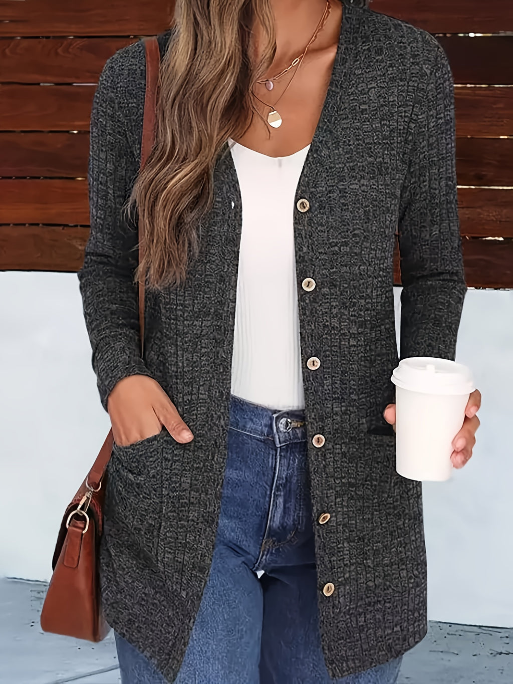 Women's V-Neck Cardigan Coat Buttoned Knit Cardigan with Pockets Solid Color Fall Winter Sweater Coat S-XXL