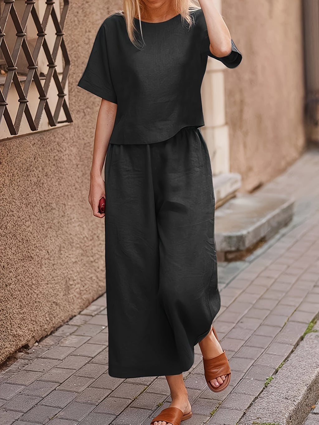 Women's 2 Piece Pantsuit Set Casual Elegant Solid Color Crew Neck Short Sleeve Top Wide Leg Pants All Season Wear Loose Fit Outfit S M L XL XXL