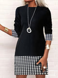 Women's Color Block Print A-Line Dress Long Sleeve Round Neck Bodycon Midi Dress Casual Streetwear Black S-XXL