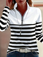 Striped Print Long Sleeve Zip Up Stand Collar T-Shirt Women Casual Top – Black Bars Red Blue Light Green Stripes S-XXL