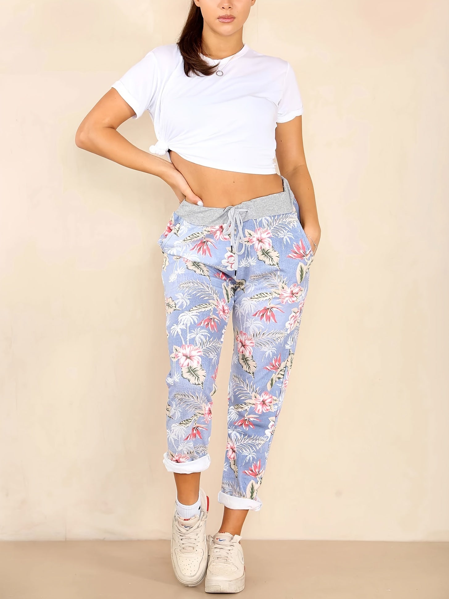 Floral Print Drawstring Capri Pants for Women - Boho Cropped Pants with Stretch Fabric, Spring Summer Fall, S-XXL