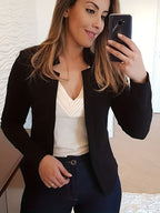 Women's Open Front Blazer Jacket – Loose Fit Notch Lapel Long Sleeve Knit Stretch Casual Chic Blazer with Chest Pocket for Work Office