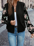 Floral Print Zip Up Jacket Women's Baseball Collar Long Sleeve Spring Fall Lightweight Coat Casual Outerwear Black S M L XL XXL