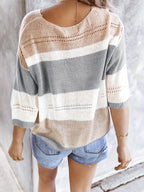Women's V-Neck Hollow Out Off Shoulder Top Colorblock Stripe Knit Shirt - Casual Summer Blouse for Daily Wear Beach Vacation