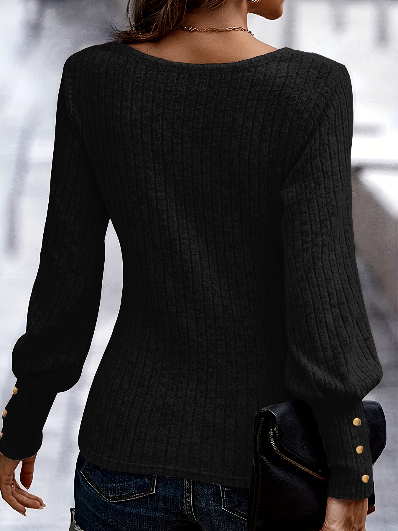 Women's Ribbed Bishop Sleeve Crew Neck Top Solid Color Elegant Knit Blouse - Casual Chic Long Sleeve Pullover for Spring Fall Office Daily Wear